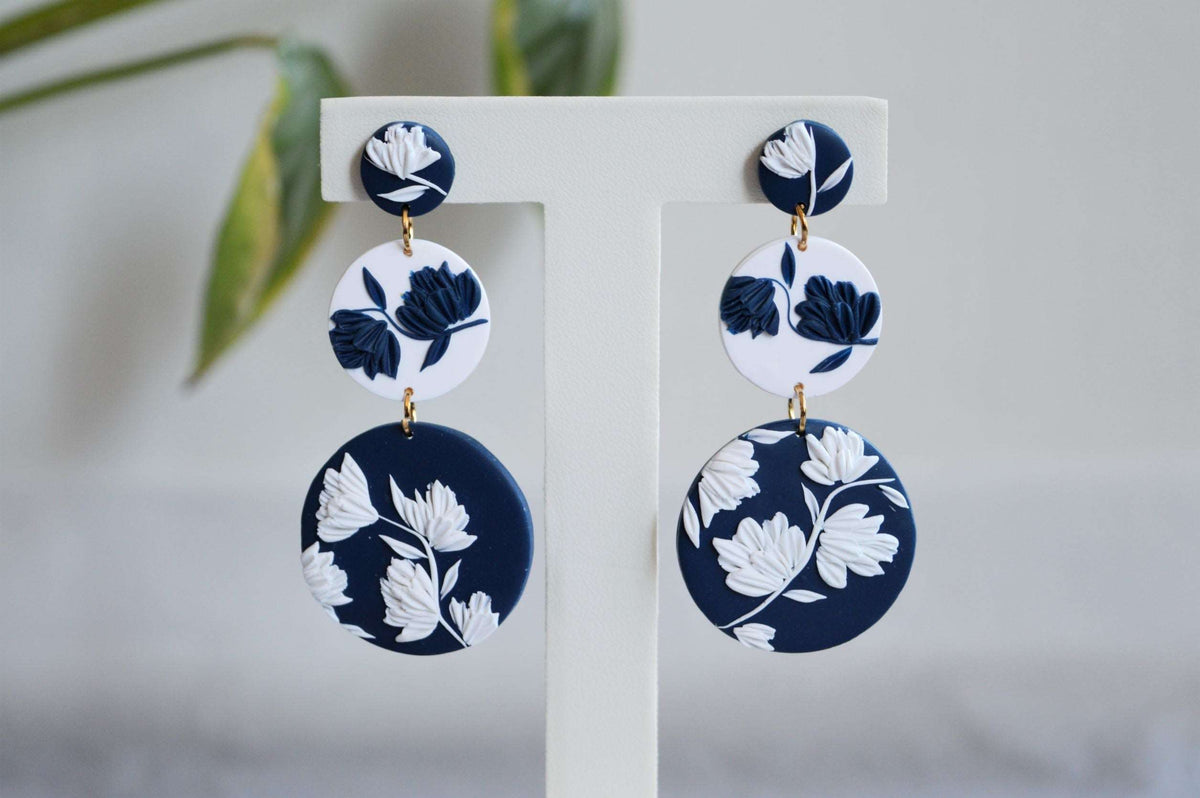 3 Tier Clay Earrings - Grecian Blue