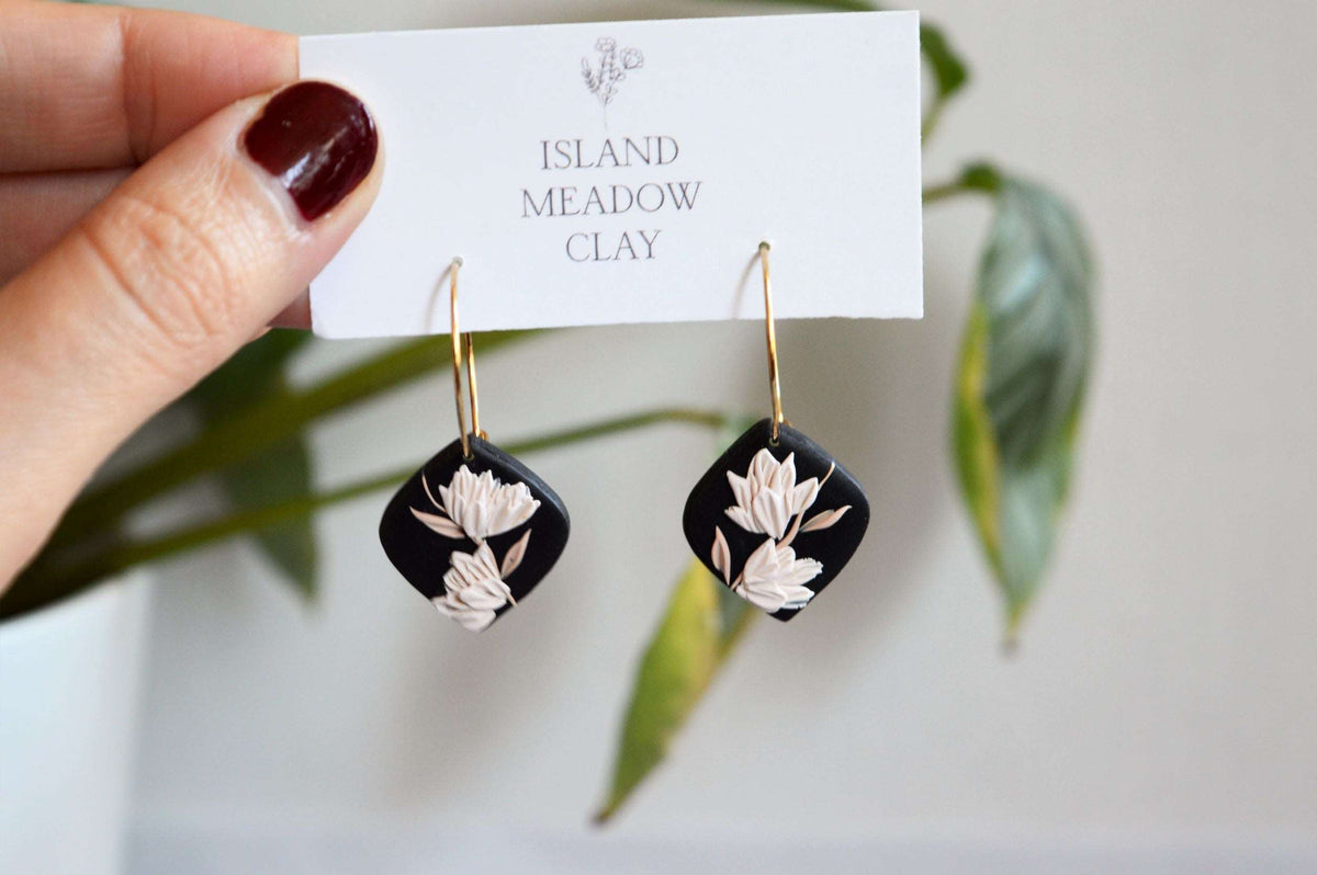 Floral Drop Clay Earrings - Guinness