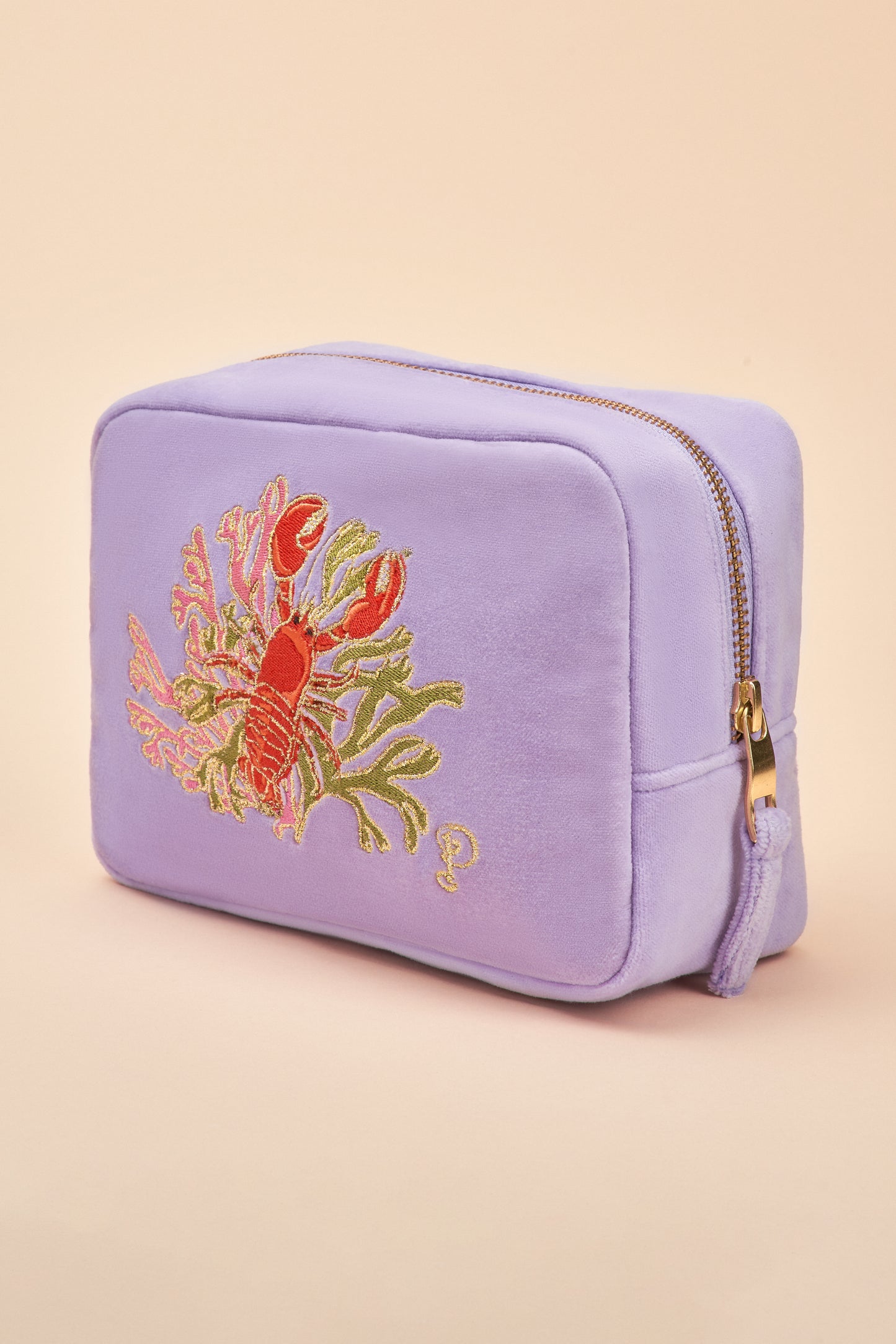 Velvet Embroidered Make Up Bag - Lobster Buddies, Lavender