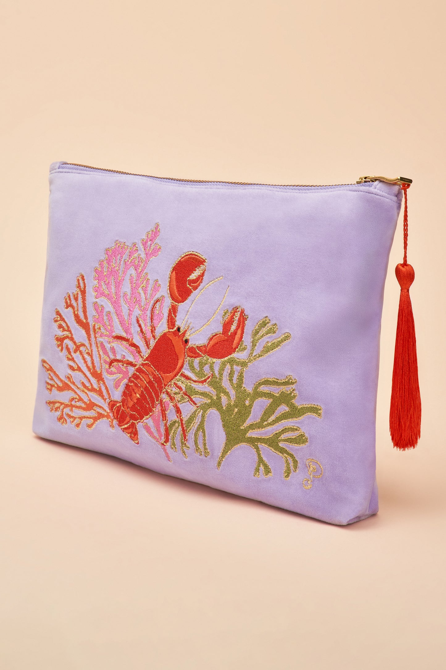 Velvet Embroidered Zip Pouch - Lobster Buddies, Lavender