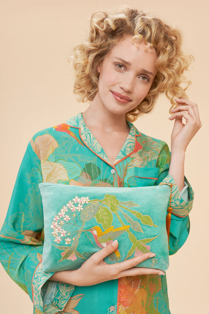 Velvet Embroidered Zip Pouch - Hummingbird, Aqua