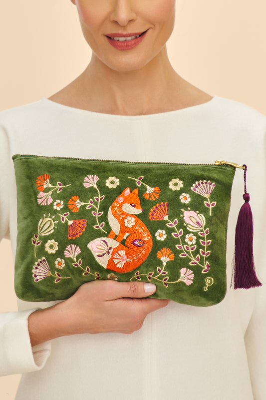 Velvet Embroidered Zip Pouch - Scandinavian Fox