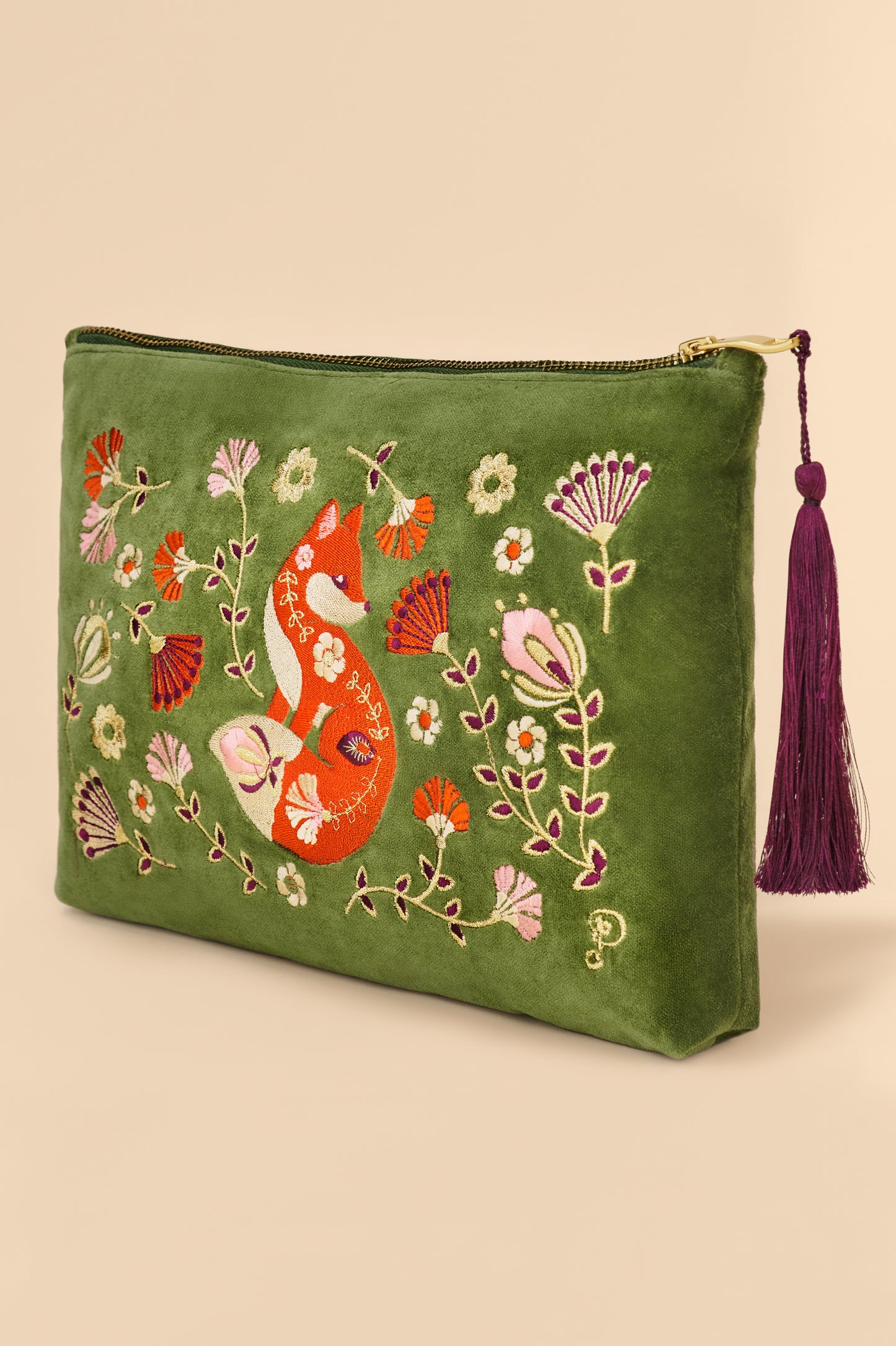 Velvet Embroidered Zip Pouch - Scandinavian Fox