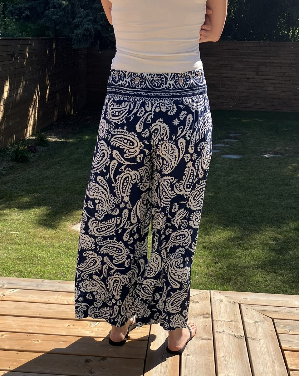 Linen Palazzo Pants - Blue Paisley