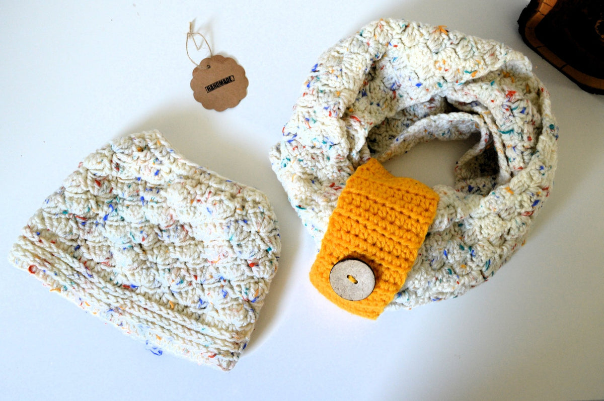 Infinity Scarf and Beanie Set - Oatmeal Fleck